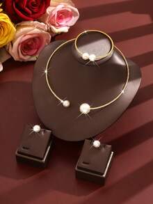 Shiny Gold Faux Pearl Jewelry Set, Elegant Crystal Necklace, Bracelet And Stackable Rings, Suitable For Date Night, Anniversary, Birthday Gift - 1318 Gold - View 3