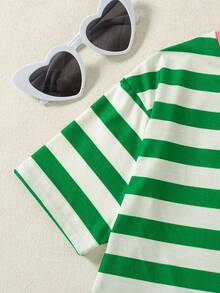 2pcs/Set Girls Casual Striped Print Decor Raglan Sleeve Top And Solid Color Shorts Set, Spring/Summer - Green - View 4