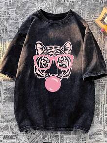 女士夏季新款虎纹圆领短袖T恤，休闲宽松百搭上衣，时尚日常穿着 - 黑色 - 查看 1