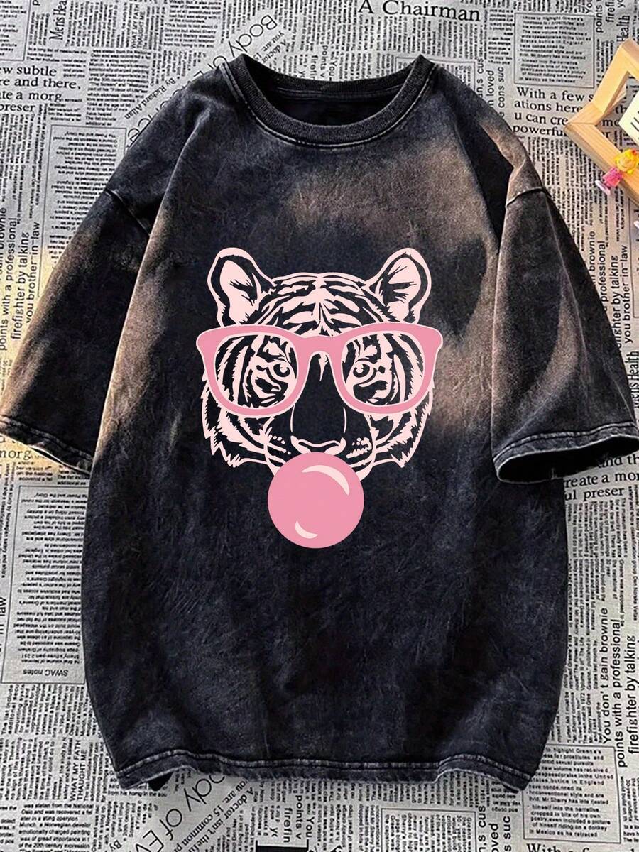 女士夏季新款虎纹圆领短袖T恤，休闲宽松百搭上衣，时尚日常穿着 - 黑色 - 查看 1