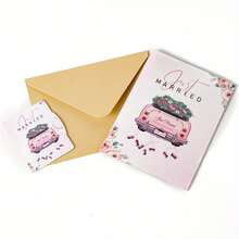 复古汽车气球图案高级方形婚礼贺卡套装，含信封。婚礼贺卡套装，新婚庆典。 - 粉紅婚禮卡 - 查看 5