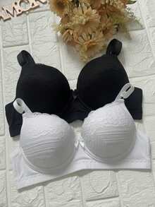 Set Of 2 Lace Bras With Padded Cups, Adjustable Straps, Reinforced Underwire, Polyamide Bras For Comfort And Support - Black and White - View 1