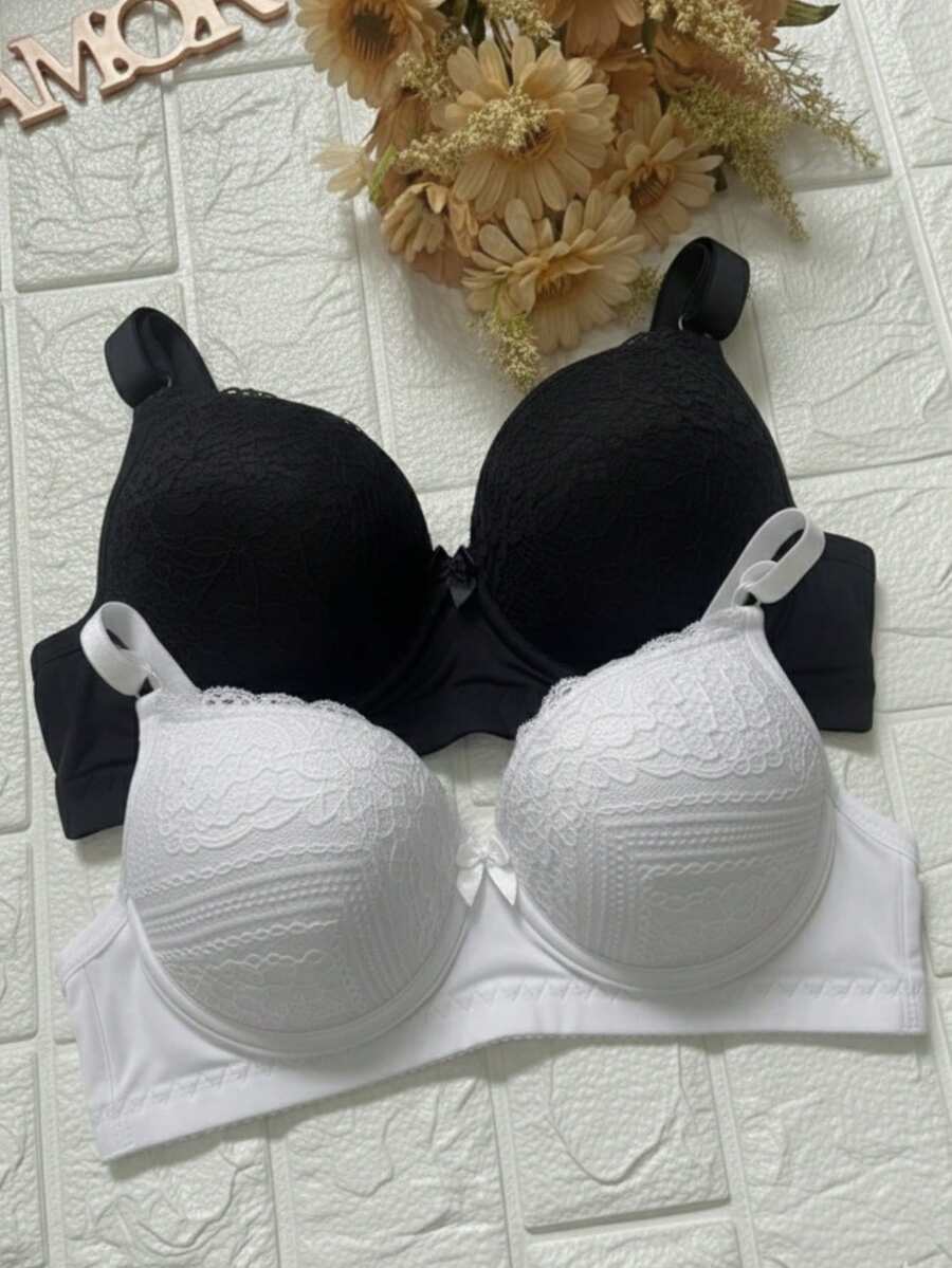 Set Of 2 Lace Bras With Padded Cups, Adjustable Straps, Reinforced Underwire, Polyamide Bras For Comfort And Support - Black and White - View 1
