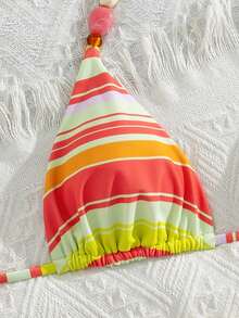 女士性感简约优雅时尚两件式泳衣套装，休闲度假海滩旅行派对条纹串珠挂脖系带泳衣，春夏新品度假装 - 彩色 - 查看 5