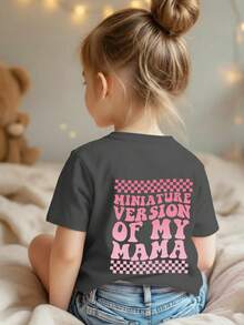 Young Girl Casual Graphic Print Crew Neck Short Sleeve T-Shirt, Summer Top - Dark Grey - View 3