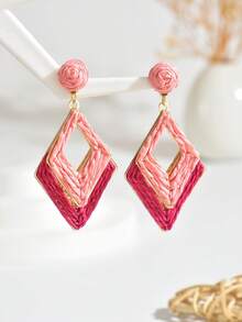 1 Pair Versatile Boho Style Handmade Woven Raffia Double-Layer Geometric Rhombus Earrings, Creative Exaggerated Colorful Raffia Geometric Earrings Suitable For Women's Daily, Vacation, Party Wear (Handwoven Technique Is Random, Handmade May Have Slight Glue Residue) - Hot Pink - View 2