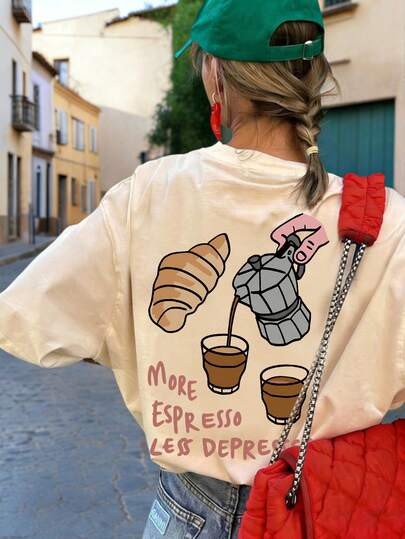 Summer New Simple Fashion Croissant Coffee Print Casual Round Neck Short Sleeve T-Shirt, Versatile & Suitable For Women