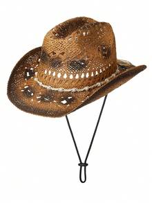 1pc Unisex Pearl Decor Ridge Dyeing Printed Boho Wide Brim Hand Woven Hollow Out Windproof Rope Casual Handmade Cowgirl Hat Travel Shade Breathable Adjustable Chin Strap Travel Shade Beach Hat Cowboy Hat Sun Hat Straw Hat - Màu Khaki - Xem 1