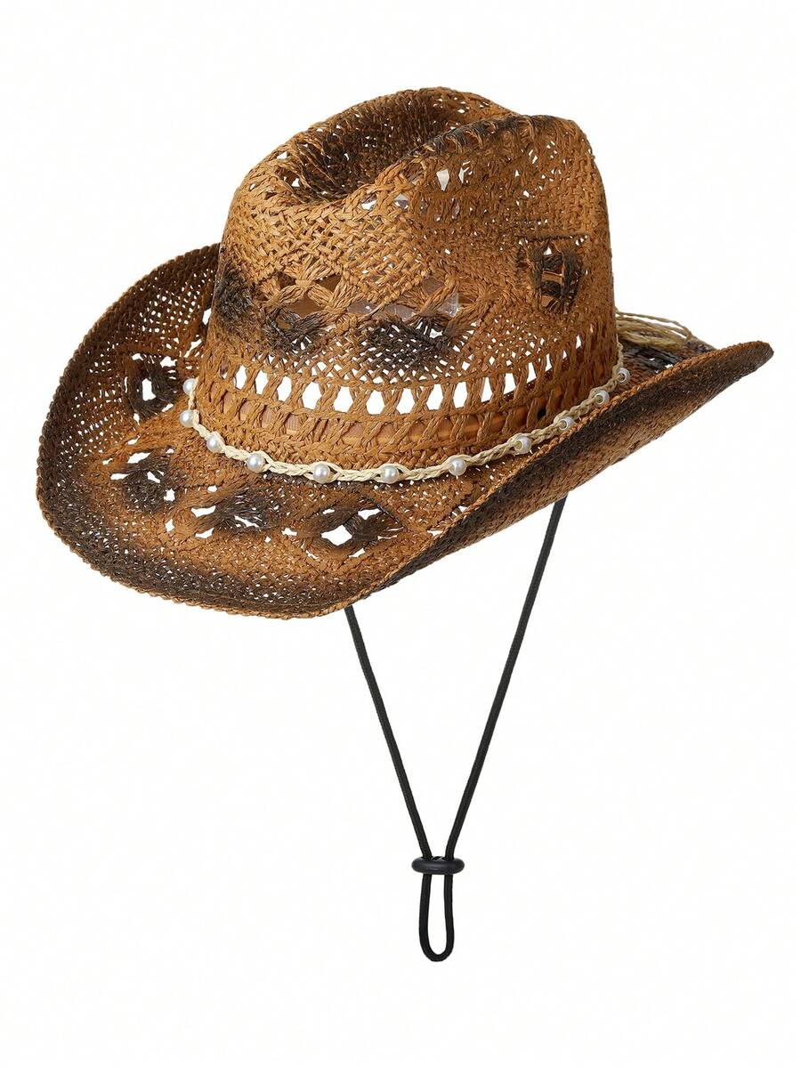 1pc Unisex Pearl Decor Ridge Dyeing Printed Boho Wide Brim Hand Woven Hollow Out Windproof Rope Casual Handmade Cowgirl Hat Travel Shade Breathable Adjustable Chin Strap Travel Shade Beach Hat Cowboy Hat Sun Hat Straw Hat - Màu Khaki - Xem 1