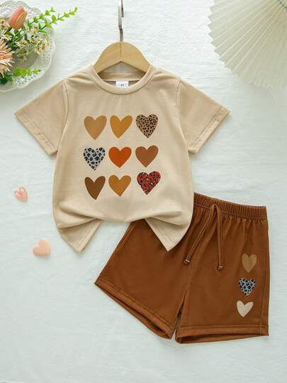 2pcs/Set Girls' Casual Heart Print Decor Short Sleeve Top And Faux Drawstring Shorts Set, Spring/Summer