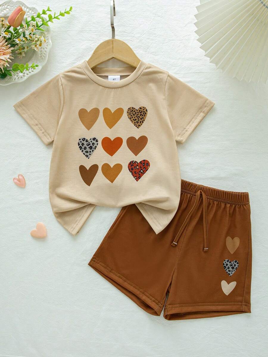 2pcs/Set Girls' Casual Heart Print Decor Short Sleeve Top And Faux Drawstring Shorts Set, Spring/Summer - Apricot - View 1