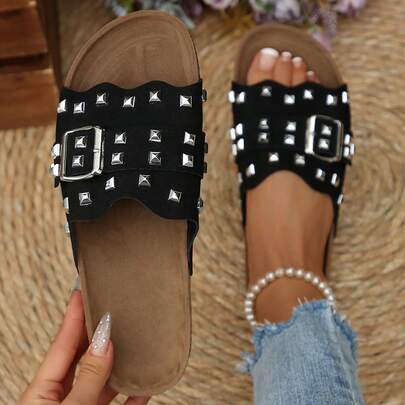 Women's Summer Flat Slippers Mules, Ladies Flat Mules Sandals, Embossed Fabric, Unique Personalized Strap Style, Exquisite And Delicate Edging, Wear-Resistant And Non-Slip TPR Sole, Soft And Comfortable, Classic Style, Suitable For Summer, Autumn, Beach, Vacation, Party, Events, Beach Sandals, Flat Shoes, Slippers, Fashionable Style, Modern Minimalist Style