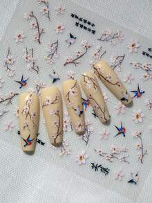 1pc New Chinese Style Nail Art Sticker, Featuring White Flowers, Flying Birds As The Main Elements, Paired With Oriental Text And Classical Poems, Exuding Elegant Oriental Aesthetics, Suitable For Those Who Enjoy Chinese Style, Refined And Sophisticated Manicure Nails Nail Stickers - Multicolor - View 7
