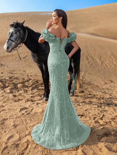 Faeriesty Elegant Women's Shoulder Exposed Pearl Decorated Evening Gown - Puff Sleeve Design, Mermaid Cut With Long Train, Suitable For Romantic Valentine's Date, Desert Wedding, Luxury Red Carpet Gala Party Formal Spring