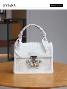 2026新款高品质时尚链条珍珠水钻蝴蝶通勤渐变鳄鱼纹压花小方包，奢华法式小众设计丝带斜挎单肩包 - 米色 - 查看 13