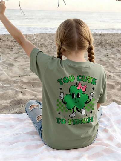 [St. Patrick's Day] Tween Girls Students Casual Printed Crew Neck Short Sleeve T-Shirt, Summer Top