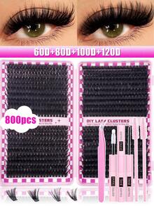 800/720pcs DIY Lash Clusters Eyelash Extension Kit, 2-In-1 Lash Bond, Tweezers, Lash Brush, 30D-160D 9-18mm Mix Lash Clusters For Beginner DIY At Home And Reusabl - Multicolor - View 3