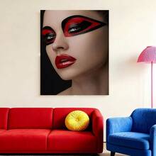 Arte de Pared Moderno de Retrato de Mujer en 2D Plano, 1 Pieza con Maquillaje de Ojos Geométrico Audaz y Labios Brillantes - Tinta sobre Lienzo, Marco Envolvente, Decoración ModernaArt Deco Adecuada para Sala, Dormitorio, Oficina - Pinturas de Rostro Femenino - Enmarcado - Ver 2