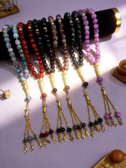 33pcs Deep Sea Blue Veined Stone Tasbih (Prayer Beads) With Gold-Plated Tassel Accessories, Muslim Prayer Bracelet, High-End Eid Al-Fitr Gift For Father, Brother, Comes In Gift Box