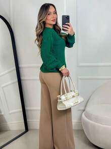 Women's Knit Blouse With Inverted Braid, Long Puff Sleeves, Ribbed Cuffs, Fashion Knitwear For Winter - 綠旗 - 查看 3