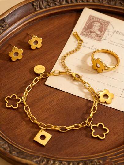 Pulsera de acero inoxidable de alta calidad con colgante de flor, acabado chapado, antidesteñible, elegante diseño de flor de cinco pétalos hueca, diseño unisex, adecuado para uso diario o vacaciones, regalo de joyería para parejas