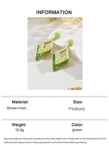 1 Pair Versatile Boho Style Handmade Woven Raffia Double-Layer Geometric Rhombus Earrings, Creative Exaggerated Colorful Raffia Geometric Earrings Suitable For Women's Daily, Vacation, Party Wear (Handwoven Technique Is Random, Handmade May Have Slight Glue Residue) - Green - View 6