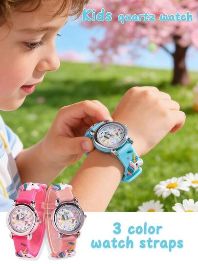 3件套儿童彩虹小马和独角兽图案石英手表，适合日常装饰或作为开学、生日、圣诞节礼物送给孩子