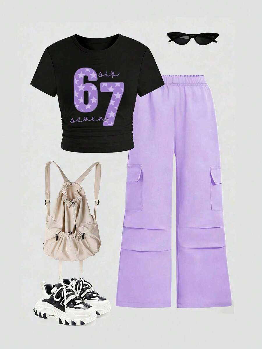 Tween Girl Letter Graphic Print Crew Neck Long Sleeve Top And Pants Set - Black - View 1