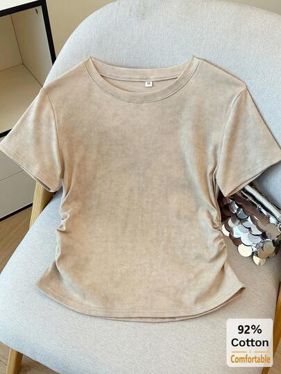 Spring/Summer New Khaki Short Sleeve T-Shirt Women, Cropped Tee With Drawstring Design, Stylish And Slimming