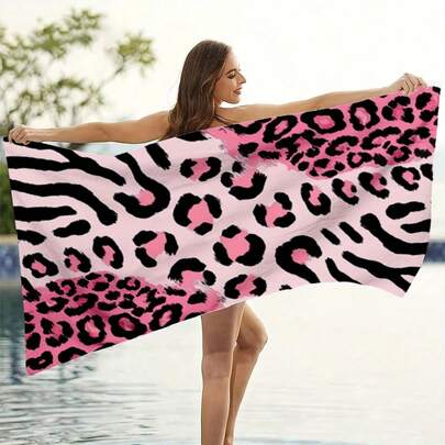 GEL HUT MUN 1条粉色豹纹亮片边沙滩巾，时尚吸水，大尺寸速干，夏季海滩必备