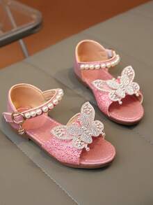 1 Pair New Girls Princess Sandals, Glitter Pink Upper, Rhinestone Bow Decor, Soft Sole Non-Abrasive, Adjustable Hook And Loop Strap - Pink - View 3