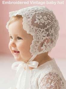 1pc Vintage Palace Style Embroidered Beige Bonnet, 0-3M, 3-10M - 1PC - View 3