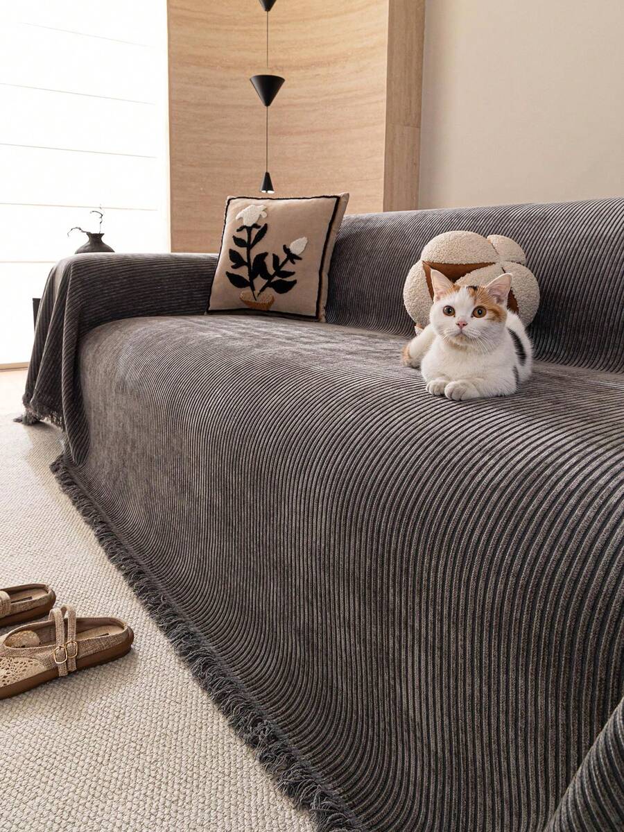 1pc Chenille Fashion Striped Solid Color Sofa Throw, Classic Minimalist Style, Scratch-Resistant And Durable Pet-Friendly, Suitable For All Seasons To Protect Sofa In Bedroom, Living Room, Study, Office, Machine Washable - Dark Grey - View 1