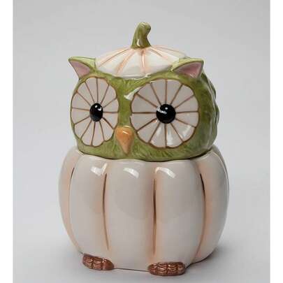 Fine Ceramic White Pumpkin Owl Candy Cookie Jar, 6-3/4" H