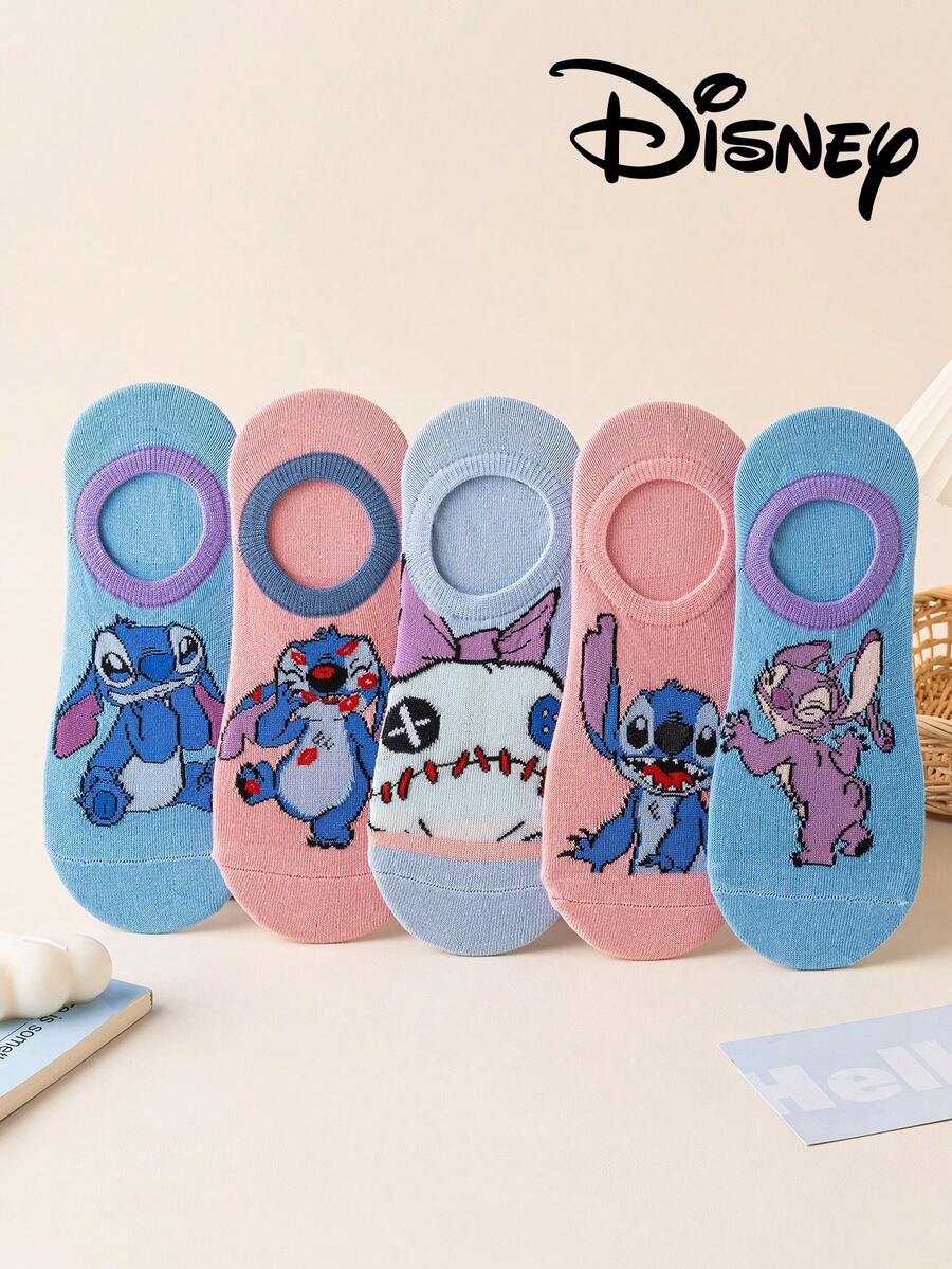 5 Pairs Disney Stitch & Mickey Mouse Printed Ankle Socks, Breathable & Comfortable Summer Invisible Socks, Novelty & Fashionable Women Socks - Multicolor - View 1