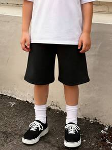 1pc Young Boy Minimalist Versatile Casual Outdoor Sports Running Basketball Straight Shorts - Black - View 5