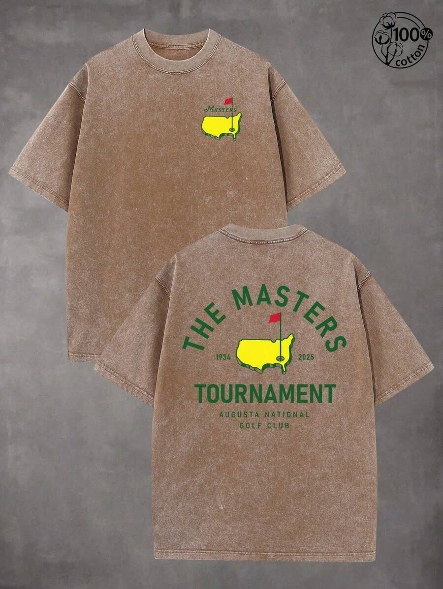 Retro Vintage Golf Masters Graphic T Shirts, (230g 100 Percent Cotton T-Shirt), Fashionable Vintage Washed Men's Cotton T-Shirt, A Perfect Surprise Gift For Family And Friends, Dropped Shoulder Design, Round Neck, Male And Female T-Shirt, Men's Summer T-Shirt, Holiday Gift, Ideal Present. - Màu Khaki - Xem 1
