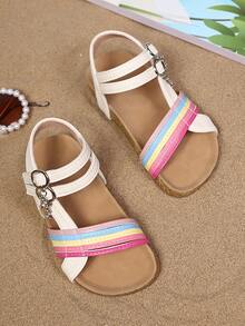 1 Pair Girls' Summer Fashion Rainbow Striped Sandals With Rhinestone Pendant Decoration, Soft Sole, Suitable For 3-15 Years Old Girls To Wear For Beach, Vacation, Daily Casual, School Activities, Parent-Child Play - White - View 7