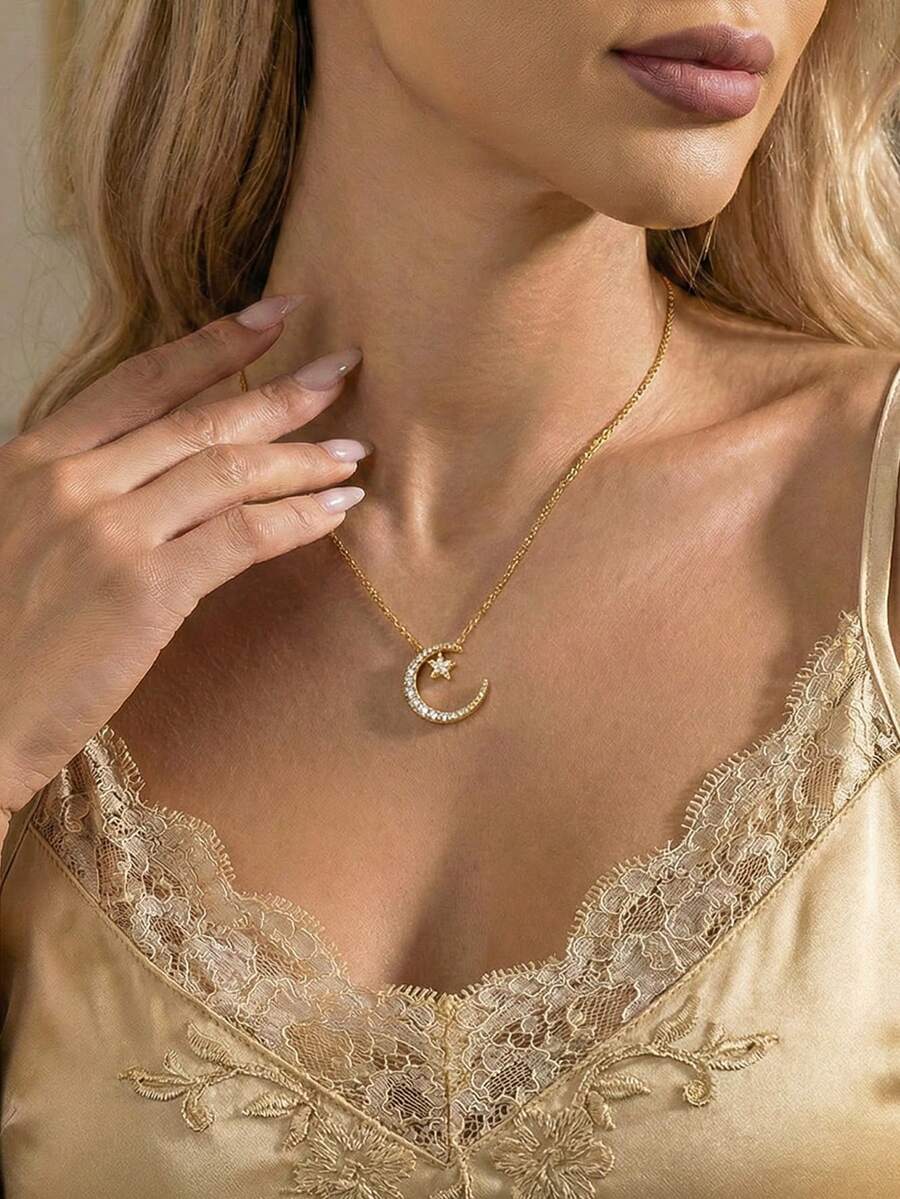 1 chiếc vòng cổ mặt dây chuyền hình ngôi sao và mặt trăng màu vàng sang trọng, món quà trang sức thời thượng dành cho phái nữ, phù hợp cho hẹn hò, đeo hàng ngày, đi làm (Đóng gói trong túi OPP) - Vàng - Xem 1