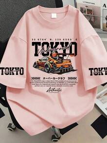 大尺碼夏季東京印花T恤，汽車圖案，賽車氛圍，都市風格，適合度假、日常穿著、外出、海灘、派對、學校，粉紅色 - 粉色 - 查看 1