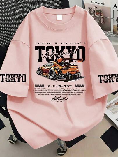 Camiseta de talla grande con estampado de Tokio, de manga corta, con gráfico de automóvil, con vibra de carreras, de estilo urbano. Adecuada para Año Nuevo, vacaciones, uso diario, salidas, playa, fiestas, escuela, festivales de música, vacaciones y talla grande