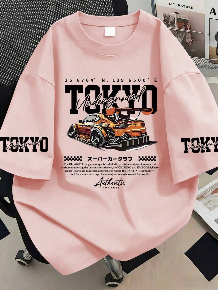 大尺碼夏季東京印花T恤,汽車圖案,賽車氛圍,都市風格,適合度假、日常穿著、外出、海灘、派對、學校,粉紅色 - 粉色 - 查看 1