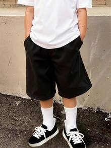 1pc Young Boy Minimalist Versatile Casual Outdoor Sports Running Basketball Straight Shorts - Black - View 3