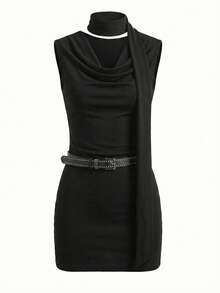 Y2K 美国坏女孩紧身黑色垂褶露背连衣裙，夏季性感铆钉腰带收腰黑色连衣裙 - 黑色 - 查看 8