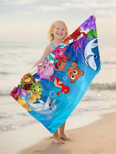1pc Cute Ocean Creature Kids Beach Towel, Super Soft Microfiber Extra Large Beach Blanket, Super Absorbent Bath Towel, Suitable For Travel, Swimming Pool, Diving, Surfing, Yoga, Camping, Available In Multiple Sizes, Beach Accessories For Beach, Pool, Travel, Camping, Yoga