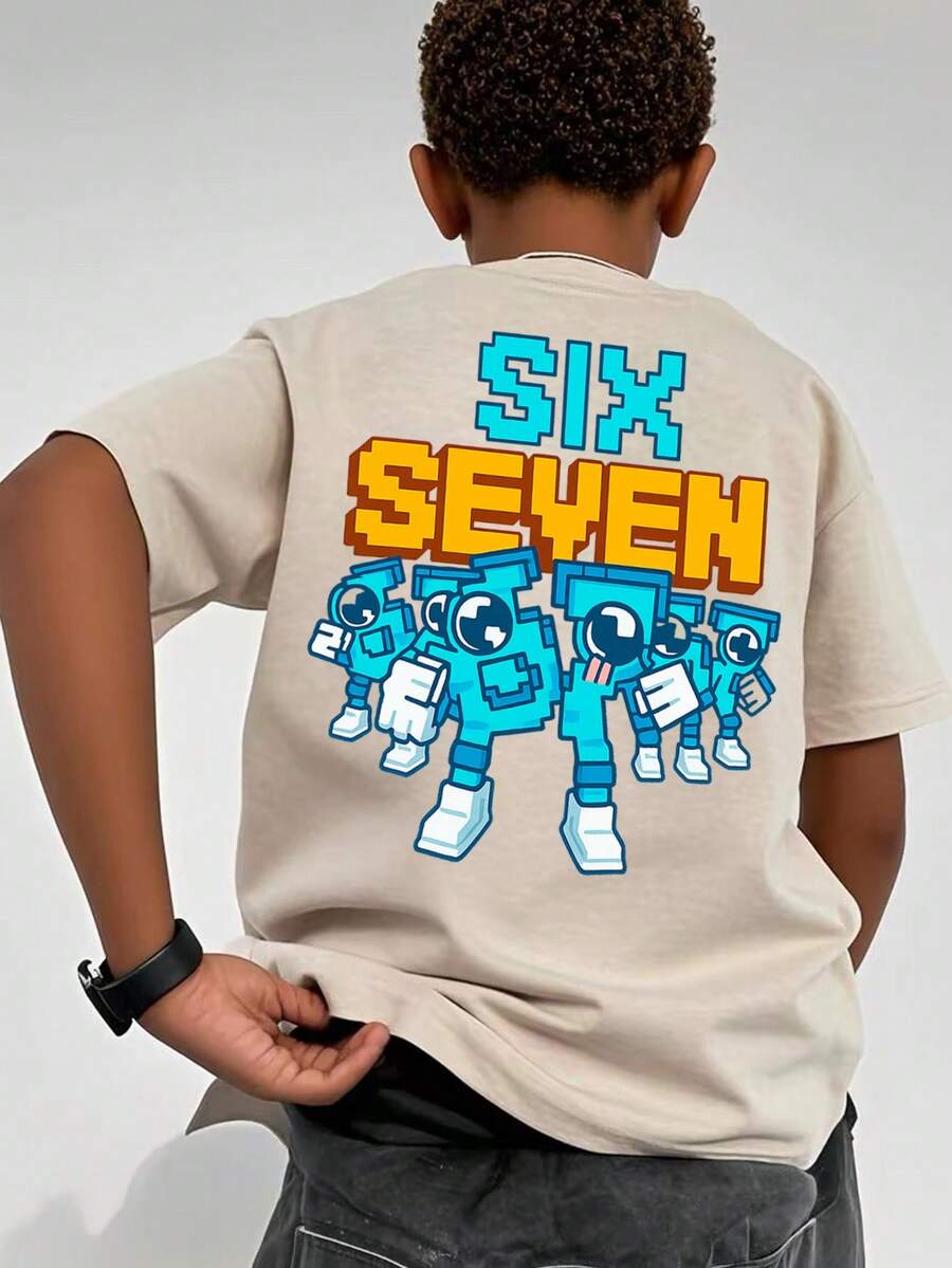 Tween Boys Casual Printed Crew Neck Short Sleeve T-Shirt, Summer Top - Apricot - View 1