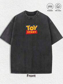 Disney-Toy Story Multi Character Pure Cotton Short Sleeved T-Shirt For Men In Summer Doing Old Water Washed Loose Large Top Bath Lightyear Woody Red Heart Cuisi Vertical Printed Casual Half Sleeve Parent Child Wear - 黑色 - 查看 5