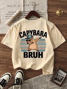 1pc Toddler Boys' Capybara Graphic Print T-Shirt, Sunglasses Water Rat Dab Dance Retro Striped Design, Bruh Letter American Street Hip Hop Style Short Sleeve Casual Loose Crew Neck Tee, Summer - Apricot - View 3
