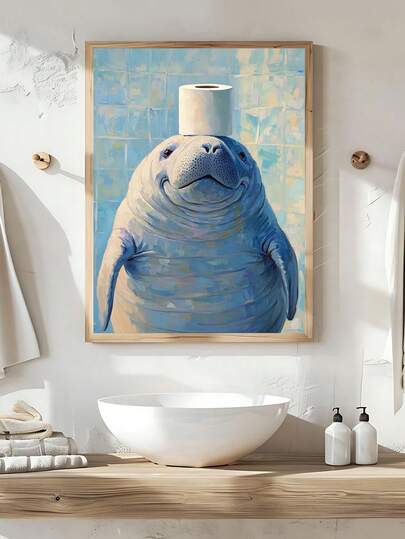 1pc Bathroom Toilet Paper Manatee Poster, Funny Sea Cow Print, Trichechus Lover, Aquatic Mammal Portrait, Restroom Wall Art, Bath Decor, The Ideal Gift For Friends, Bedroom Art Print, Living Room Decor, Office Decor, Bathroom Decor, Wall Arts, Wall Decor, Home Decor, Room Decor, Canvas Wall Art, Posters, Wall Art With Frame, Optional Frame ﻿