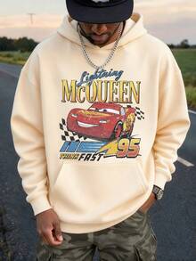 Disney Men's Casual Hoodie, Featuring A Red Cartoon Car Pattern From "Cars", Creates A Strong American Retro Street Feel. The Cartoon Is Cute And Suitable For Daily Gatherings - 杏色 - 查看 3
